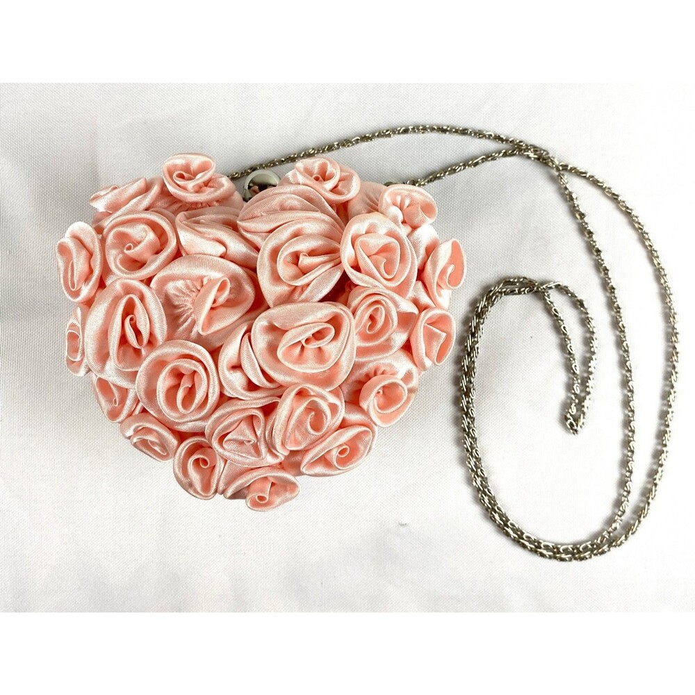 Lulu Townsend Pink Heart Rosette Bag Satin Coquette Evening Clutch Chain Strap